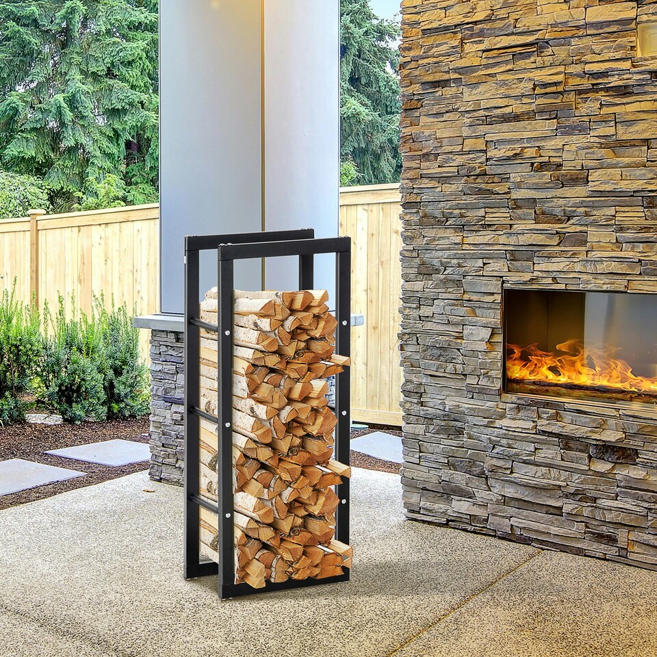 image 1 of HOMCOM 100cm Metal Firewood Log Holder Rack Elevated Design, Base Side Rails | Black | Black