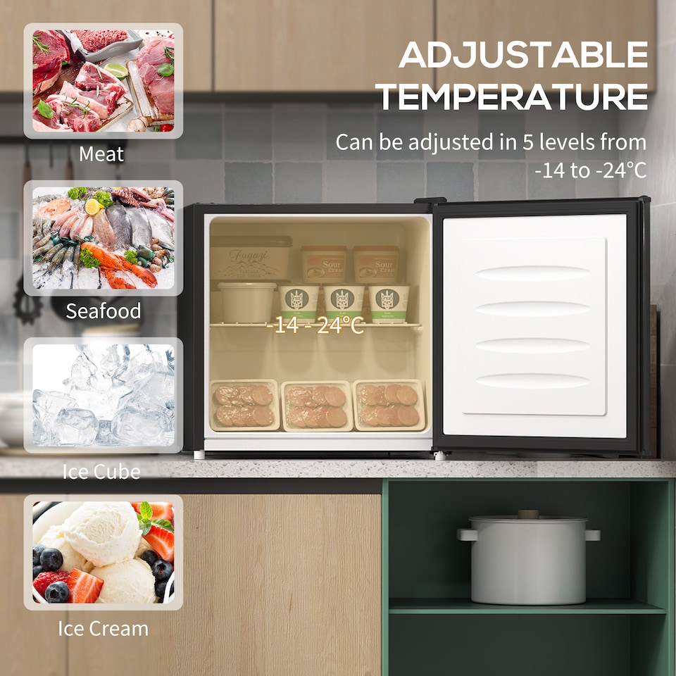 image 1 of HOMCOM Tabletop Mini Freezer with 35 Litre Capacity, Small Lockable Freezer with Reversible Door, Two Keys, Adjustable Temperature and Removable Wire Shelf for Bedrooms, Home Office, Black | Black