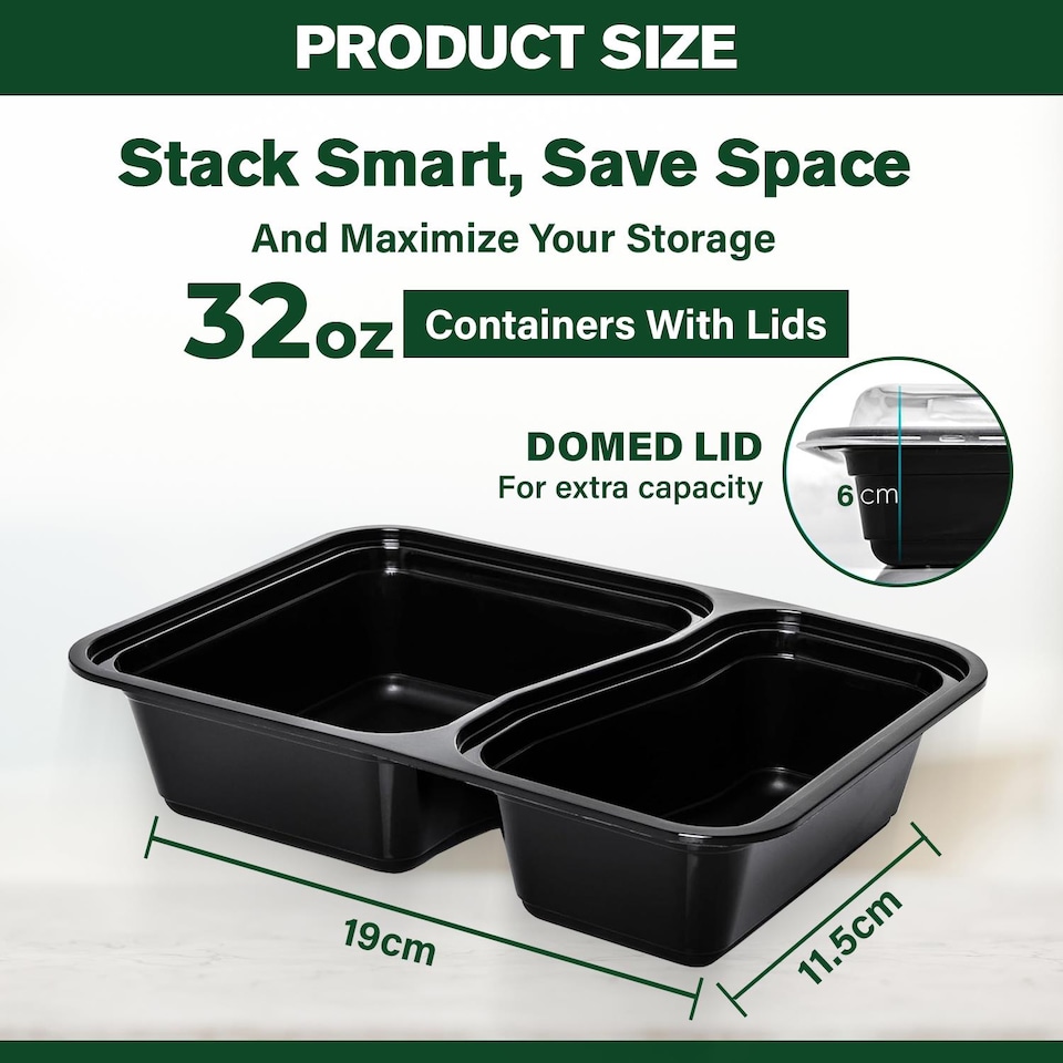 image 1 of 32oz Black 2 Compartment Meal Prep Containers With Lid Plastic Microwave Safe Food Storage Box 10pc