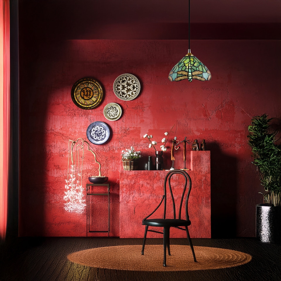 image 1 of Dragonfly Themed Emerald Stained Glass Tiffany Pendant Lighting Shade with Beads | Green