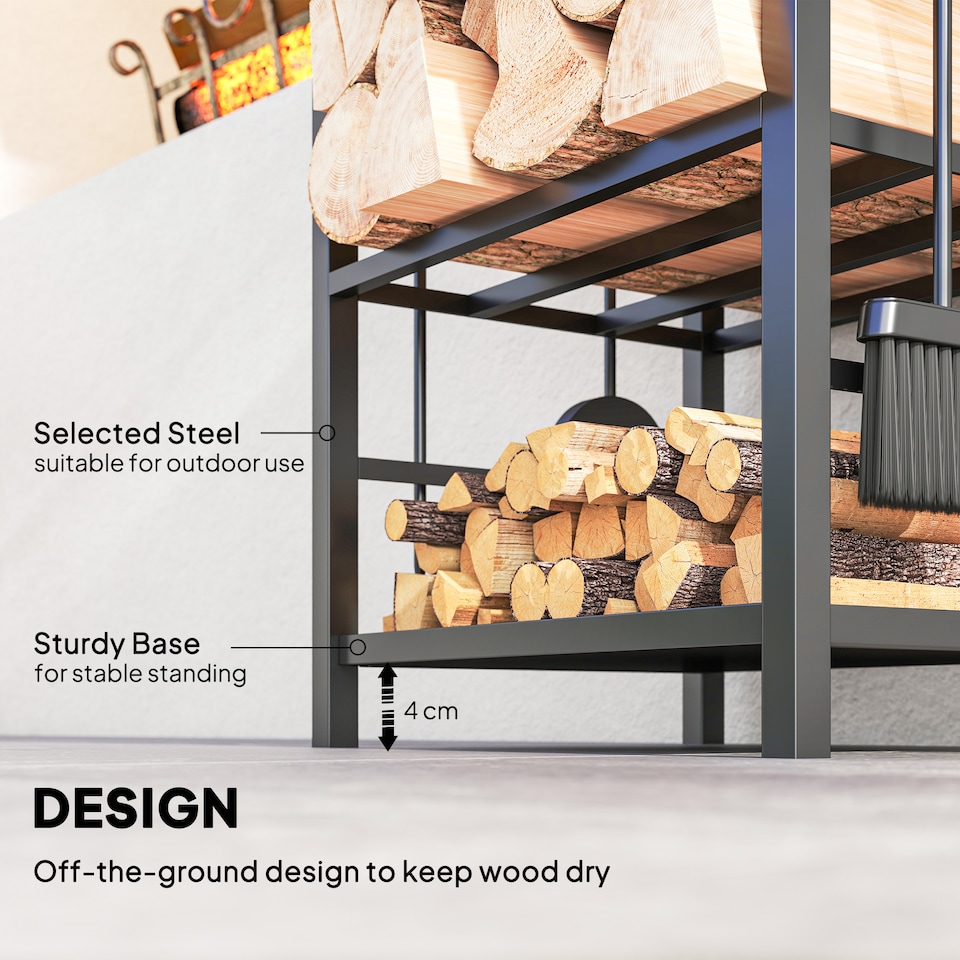 image 1 of Outsunny Metal Firewood Log Holder 2 Layer Firewood Rack Indoor Outdoor Fireplace Wood Storage Shelf with 4 Tools and Hooks, Black, 40L x 30W x 74.5H cm