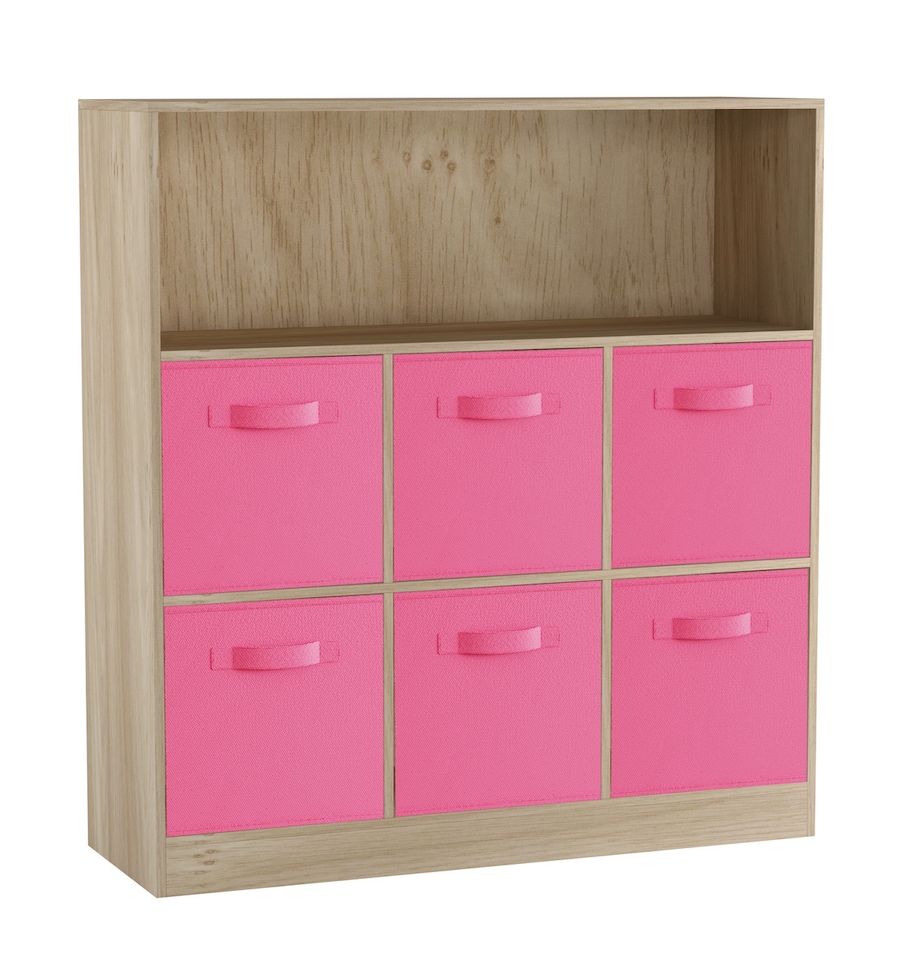 image 1 of Wide 7-Cube Bookcase With Drawers | Brown | Oak & Light Pink | 1