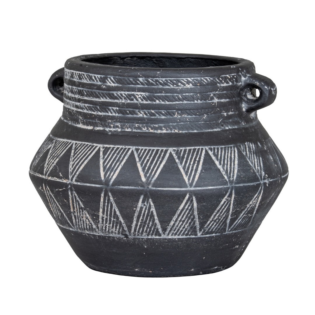 Lemon Pavilion Furniture and Decor Etched Collection Pot with Handle - Ceramic - L20xW20xH16 cm - Black