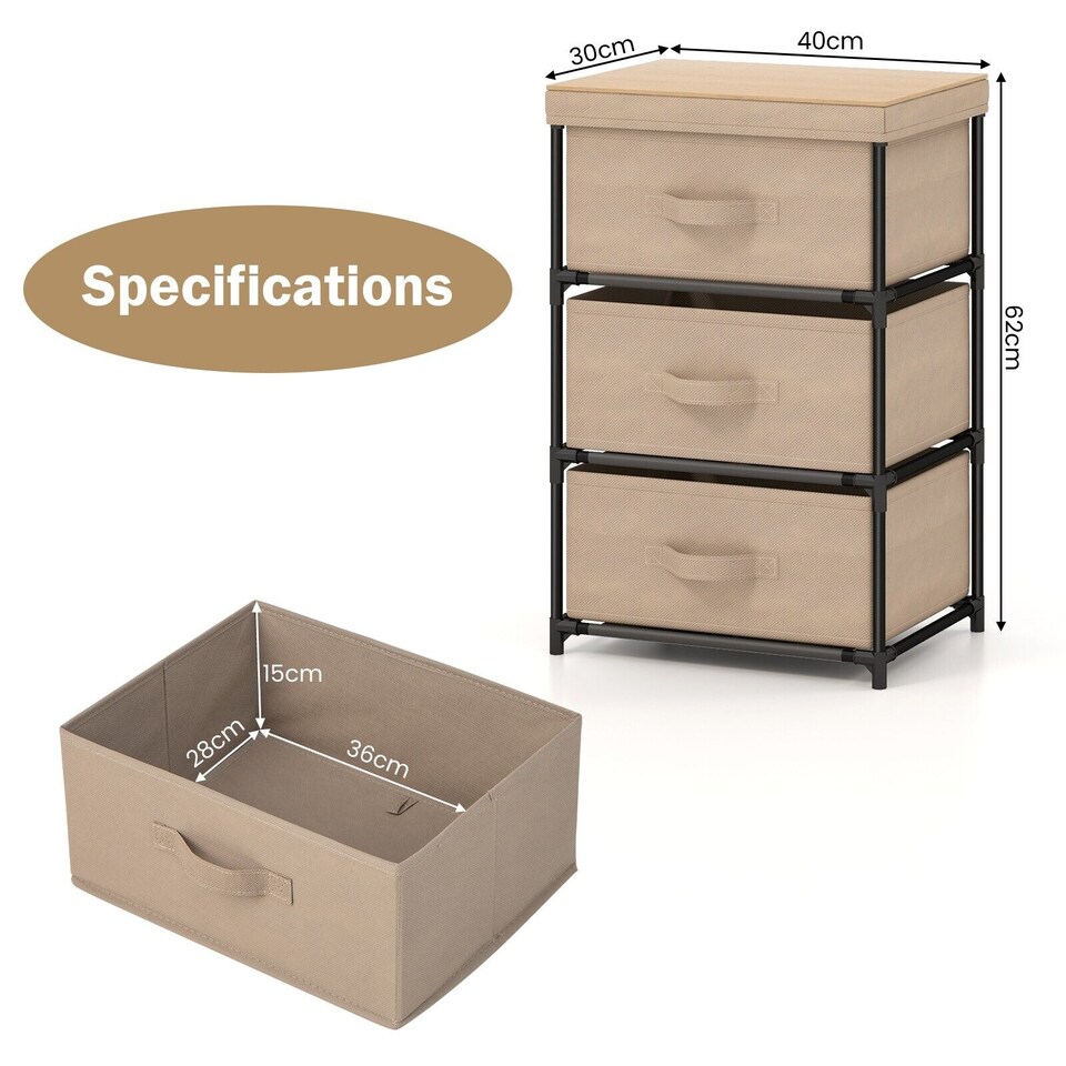 image 1 of COSTWAY 3 Tier Nightstand Organizer 3 Chests of Drawers Fabric Dresser Storage Brown