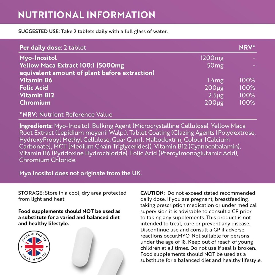 image 1 of Nutravita Myo-Inositol Tablets with Folic Acid, Vitamin B6, B12, Maca and Chromium - PCOS Supplement - Prenatal Vitamins for Women - 180 Vegan Tablets