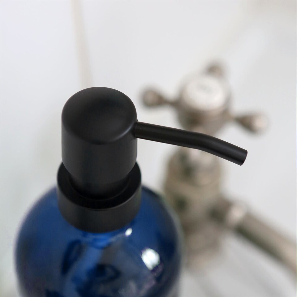 image 1 of Harbour Housewares 2pc Glass Soap Dispenser Set with Bamboo Tray & Labels - 500ml - Blue/Black Refillable Pump Bottles