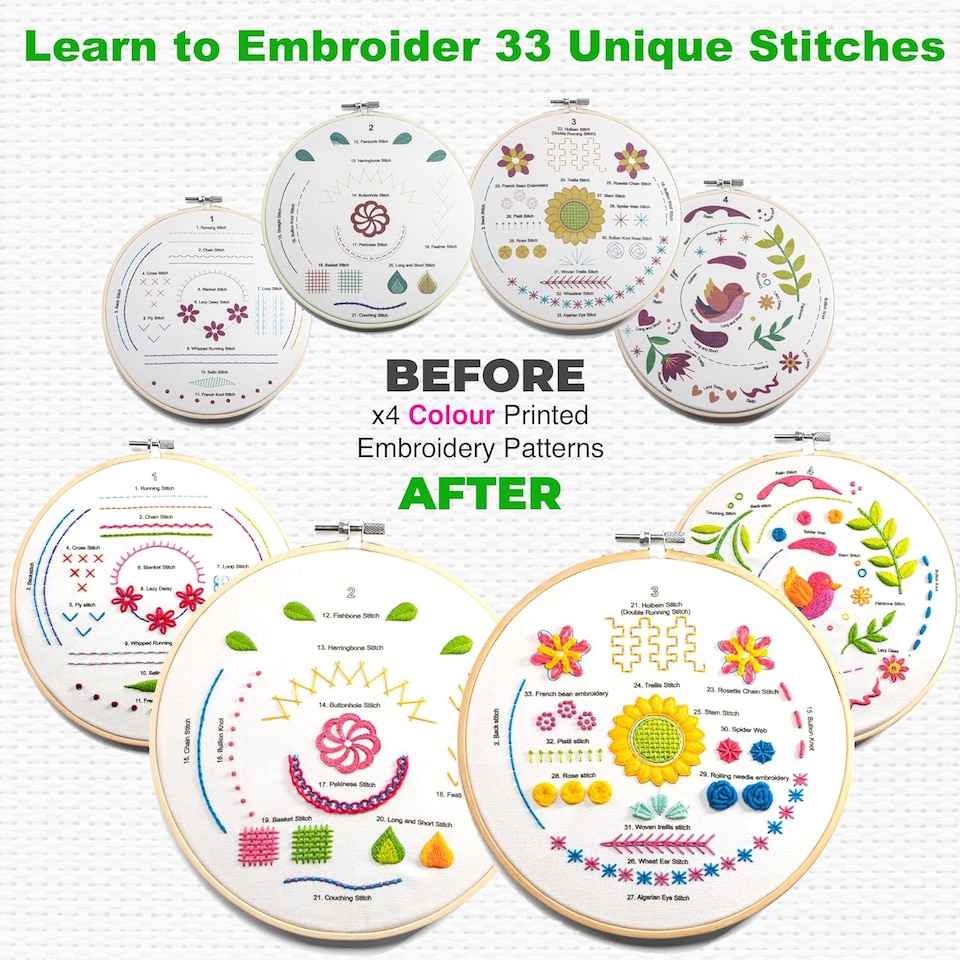 image 1 of Beginner Embroidery Kit (4 Pack) for Adults, Learn 33 Stitches with Easy DIY Video Tutorials, Coloured Design Patterns (AZA100)