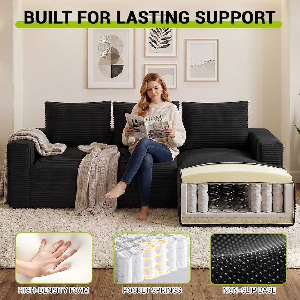 image 1 of Rattantree L Shaped Modular Sofa Corduroy Sectional Couch With Chaise