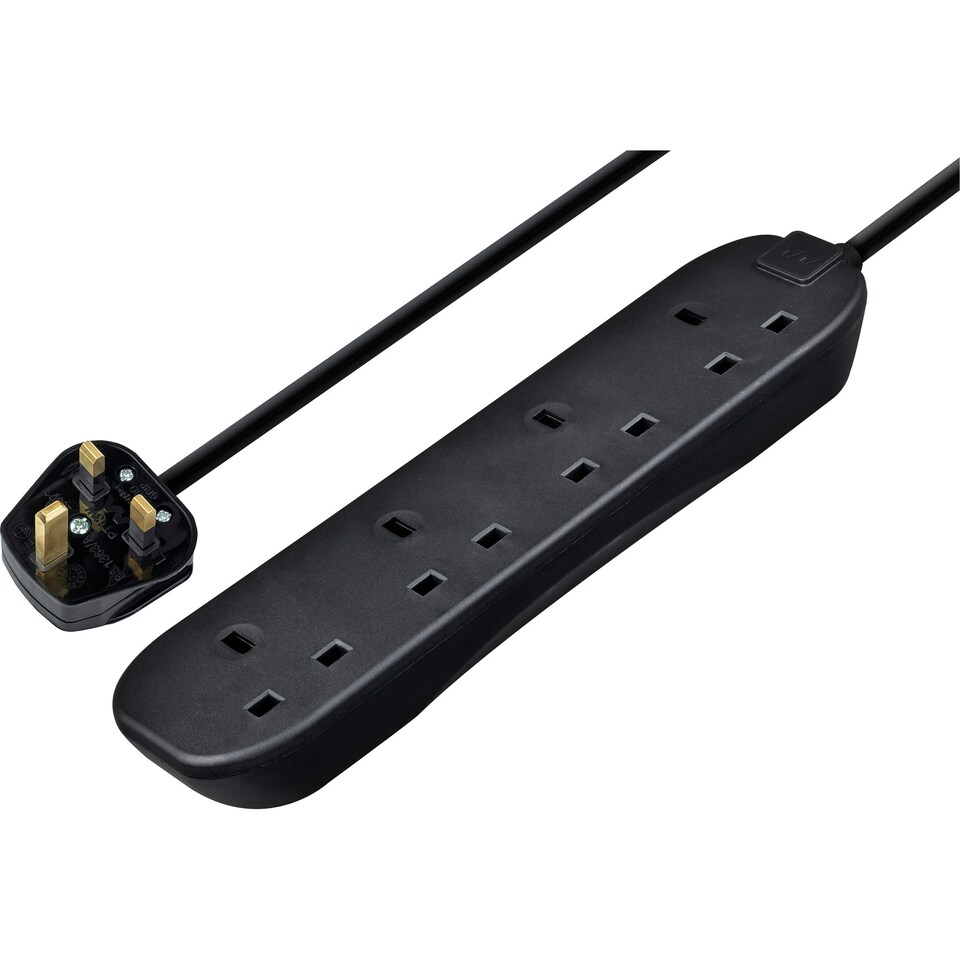 image 1 of Masterplug 4 Socket Extension Lead with 2m Cable, Wall-Fixing, Black