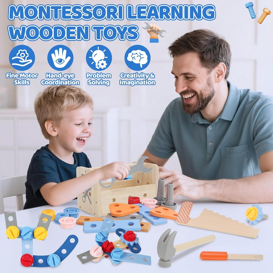 image 1 of Wooden Kids Tool Set – 37-Piece Montessori Construction Play Kit with Portable Suitcase Educational Role Play Toy for Ages 3–12