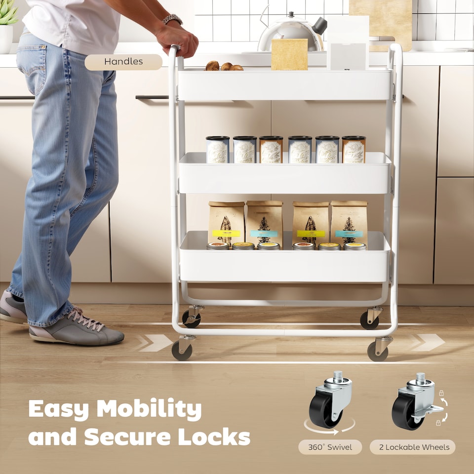 image 1 of HOMCOM 3-Tier Storage Trolley on Wheels, Rolling Utility Cart with Mesh Backets, Mobile Storage Cart for Kitchen, Bathroom, Bedroom, White | White | White