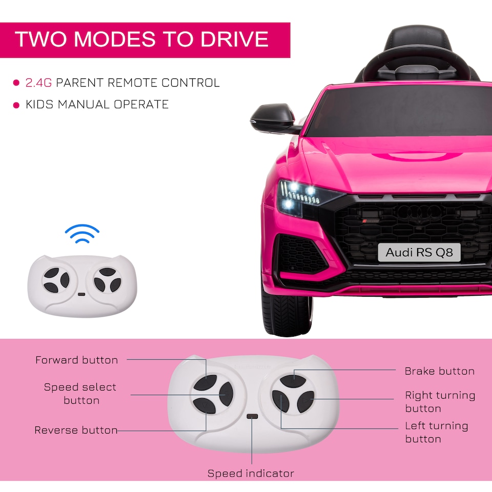 image 1 of HOMCOM Audi RS Q8 Licensed Electric Car for Kids, 6V Kids' Electric Ride on with Remote Control, 7Ah Big Battery, Lights Bluetooth, Music USB, for 3-5 Years Old, Pink
