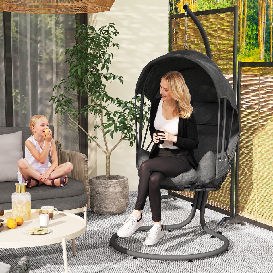 image 1 of Outsunny Hanging Egg Chair with Cushion and Retractable Canopy, Swing Hammock Chair with Adjustable Metal Stand, for Indoor and Outdoor, Grey
