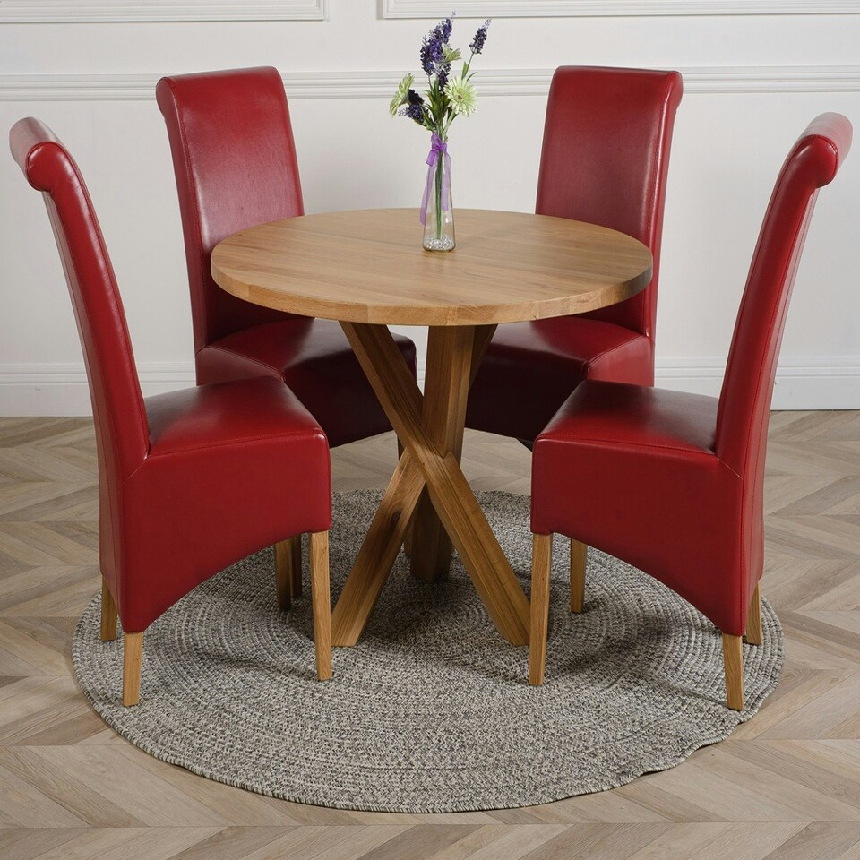image 1 of Oregon Round Oak Dining Table with Montana Leather Chairs Red