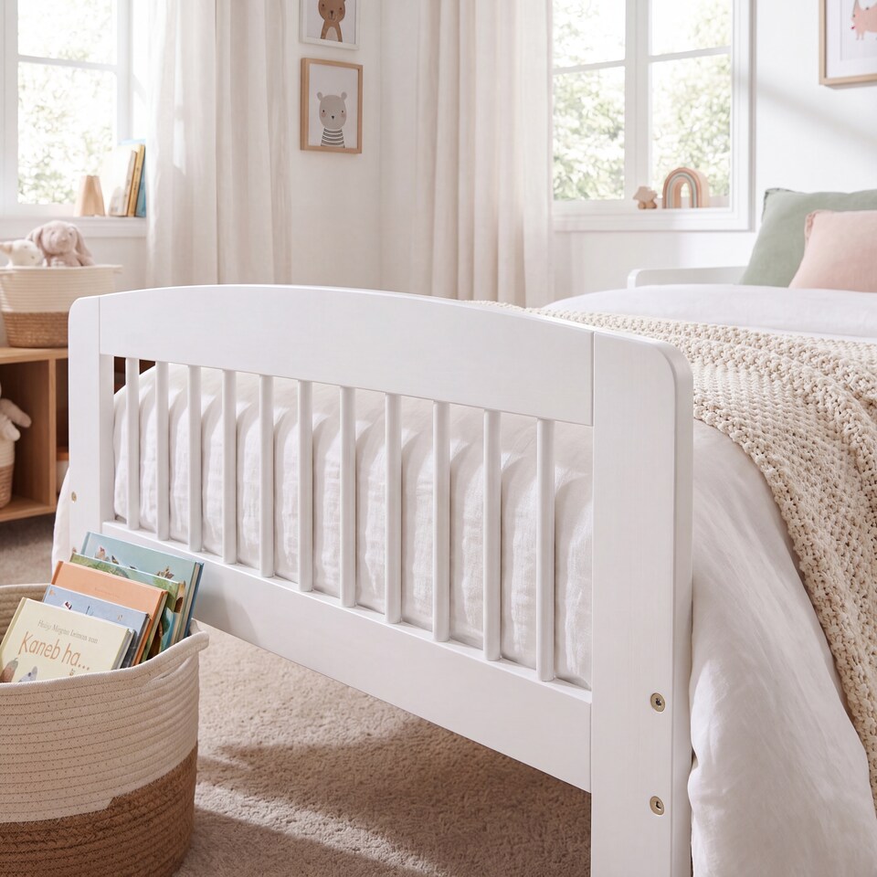 image 1 of Junior Vida Scorpio Toddler White Bed Frame With Side Rails - H 57 x W 75 x D 144 cm