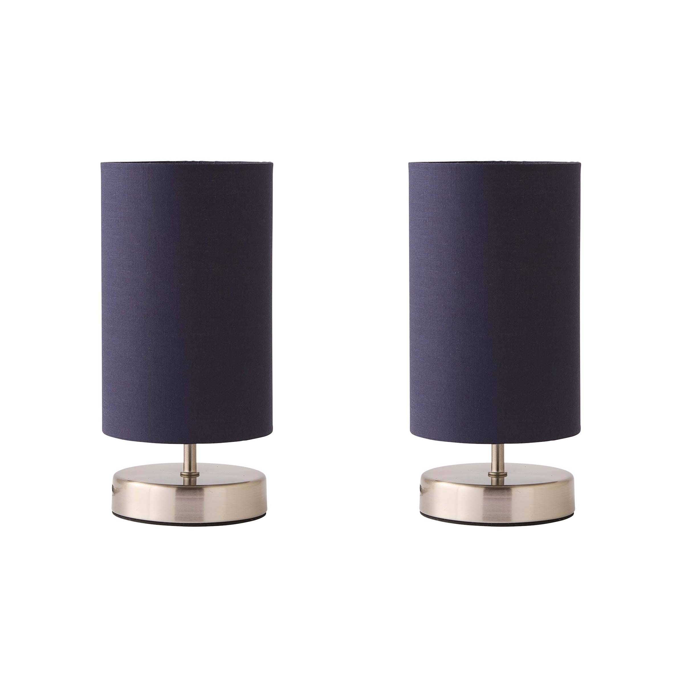 ValueLights Francis Pair of Brushed Chrome Dimmable Touch Table Lamps with Bulbs in Navy
