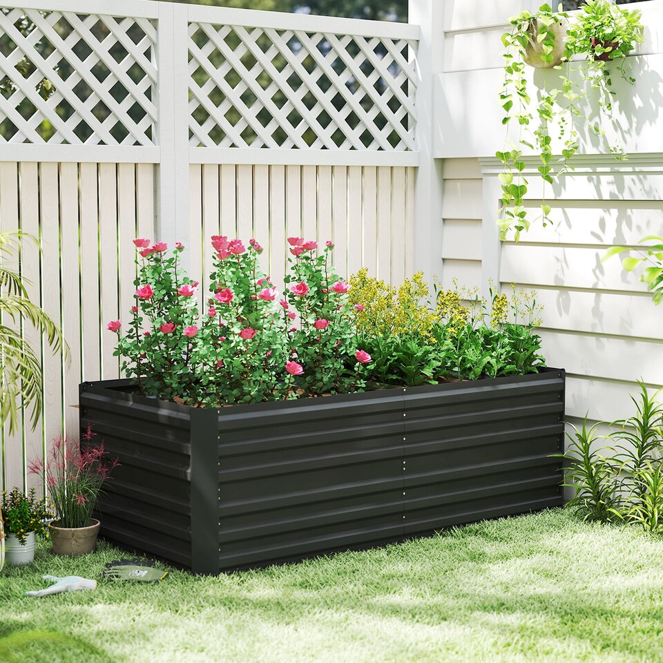 image 1 of Outsunny Raised Beds for Garden, Galvanised Steel Outdoor Planters with Multi-reinforced Rods for Vegetables, Plants, Flowers and Herbs, 180 x 90 x 59 cm, Black | Black