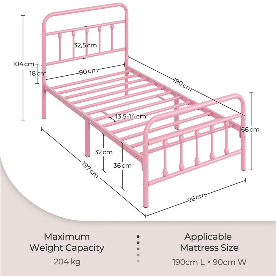 image 1 of Yaheetech 3ft Single Vintage Iron Platform Bed with High Headboard Pink