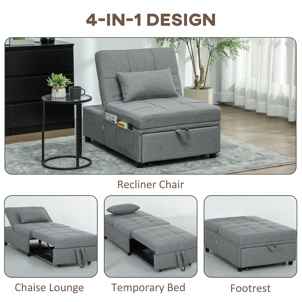 image 1 of HOMCOM 4-in-1 Sofa Bed, Convertible Sleeper Chair Bed with Adjustable Backrest, Fabric Pull Out Chaise Lounge with Pockets for Living Room, Bedroom, Home Office, Small Space, Light Grey | Grey | Light Grey