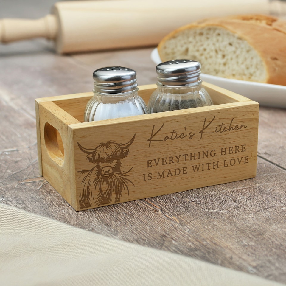 image 1 of Personalised Highland Mini Wooden Storage Crate Brown | ONE SIZE