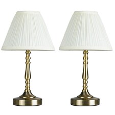 ValueLights Sienna Pair Antique Brass Touch Table Lamps Pleat Cream Shades and Bulbs