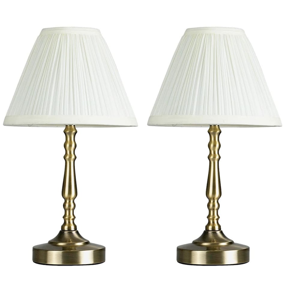 image 1 of ValueLights Sienna Pair Antique Brass Touch Table Lamps Pleat Cream Shades and Bulbs