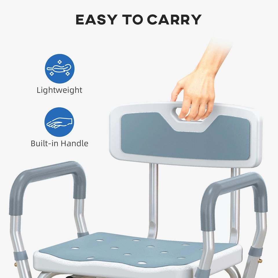 image 1 of HOMCOM EVA Padded Shower Stool with Arms and Back, 4 Suction Foot Pads Blue