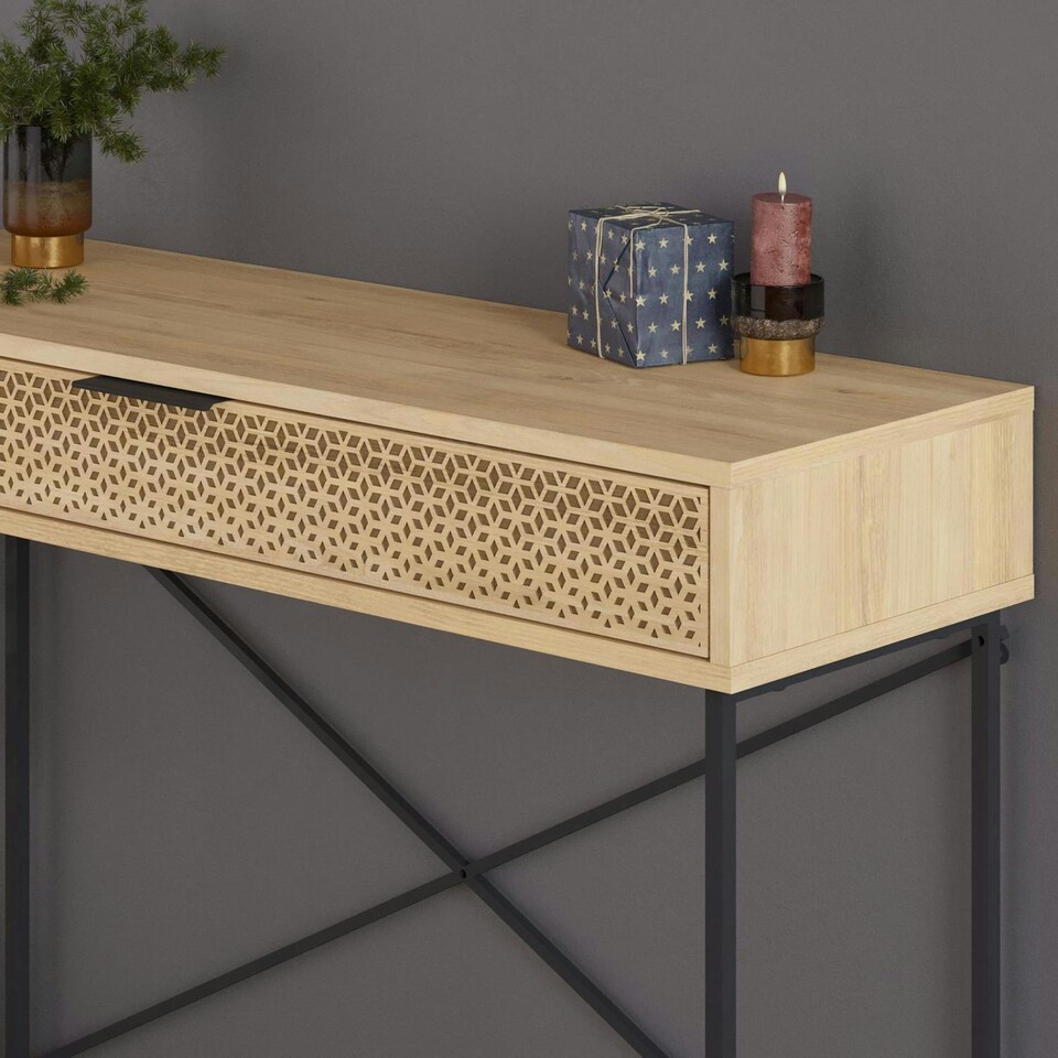 image 1 of Naive 1 Drawer Console Table Sapphire Oak with Black Metal Frame Brown