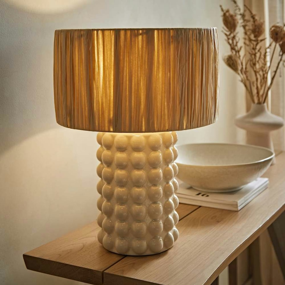 image 1 of ValueLights Kiran Ceramic Stone Bubble Table Lamp Raffia Shade