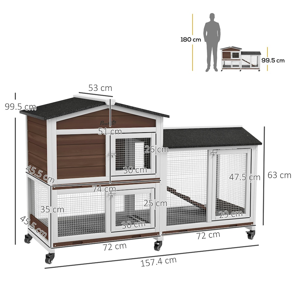 image 1 of PawHut Rabbit Hutch, Bunny Cage Outdoor 2-Tier w/ Wheels & Tray, Brown
