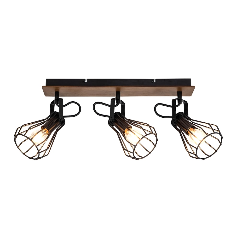 image 1 of COSYLYTE Kendan 3 Light Matt Black Wire Shade Spotlight with Wooden Backplate | Black | Walnut wood | 1