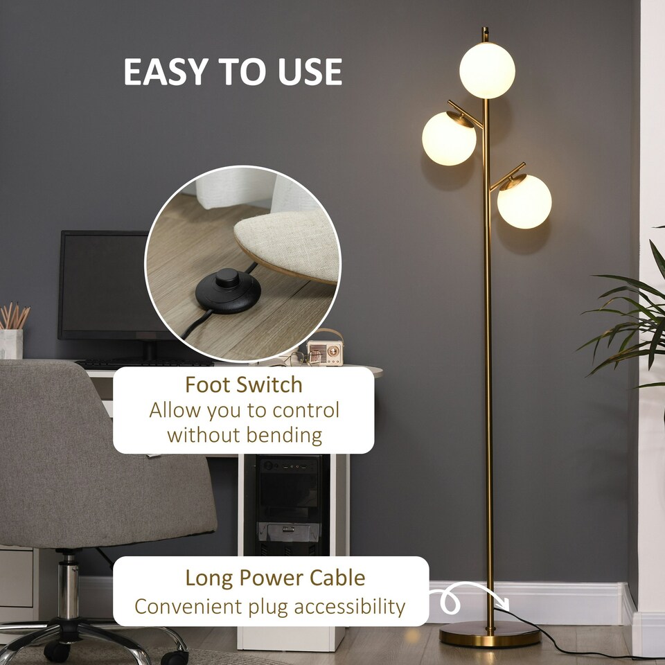 image 1 of HOMCOM Modern Tree Floor Lamp with 3 Light, for Living Room Bedroom, Gold