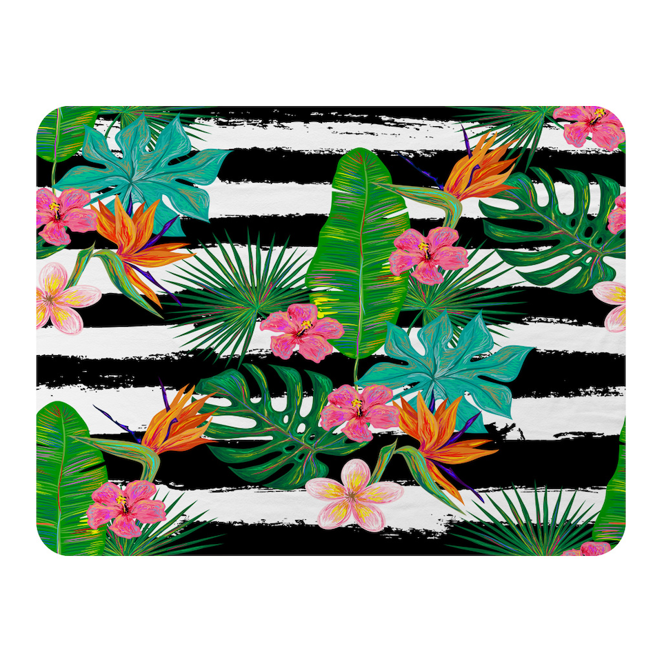 image 1 of Tropical Plants On Black & White Stripes Blanket | Multi