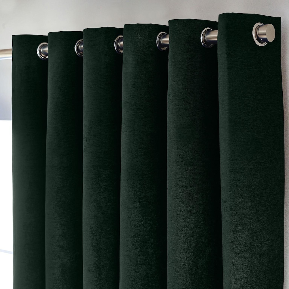 image 1 of Chenille Blackout Eyelet Curtains Thermal Triple Weave Pair 117cm x 183cm Green