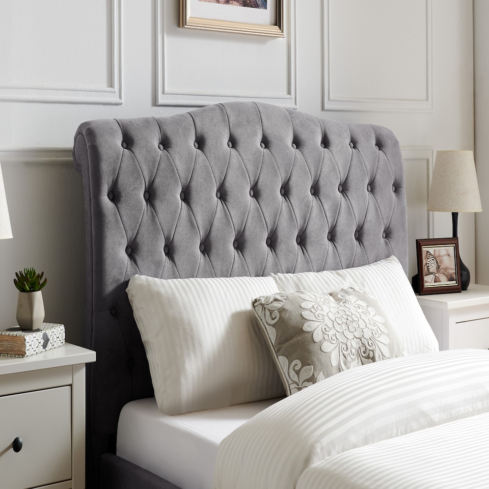 image 1 of 6ft Super King fabric upholstered,light grey,buttoned back,curved bed frame,bedstead