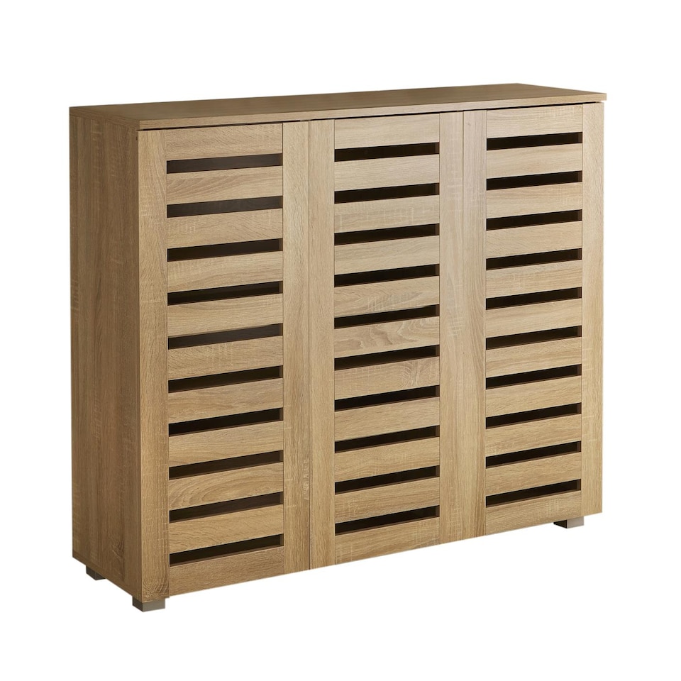image 1 of Oslo 3 Door Wooden Shoe Storage Cabinet Rack Stand Cupboard Slatted Doors | Brown