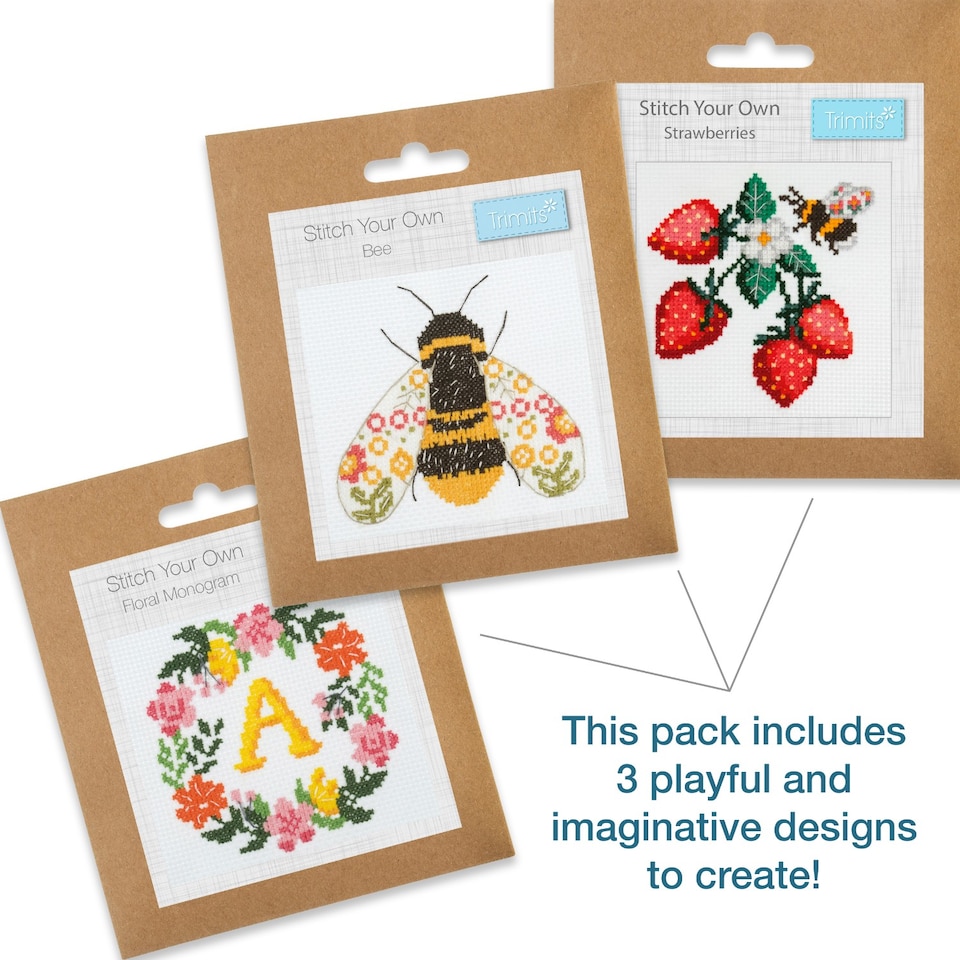 image 1 of Trimits 3Pk Cross Stitch Bundle - Stawberries, Bee, Floral Reef, 13x13cm Beginner Kits, Complete with Threads & Instructions