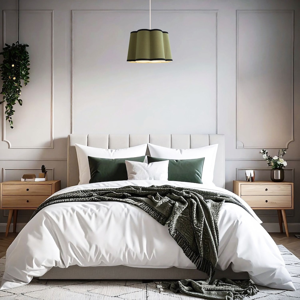 image 1 of Olive Green Linen Scallop Drum Lamp Shade with Black Cotton Trims | Green | Olive Green | 1