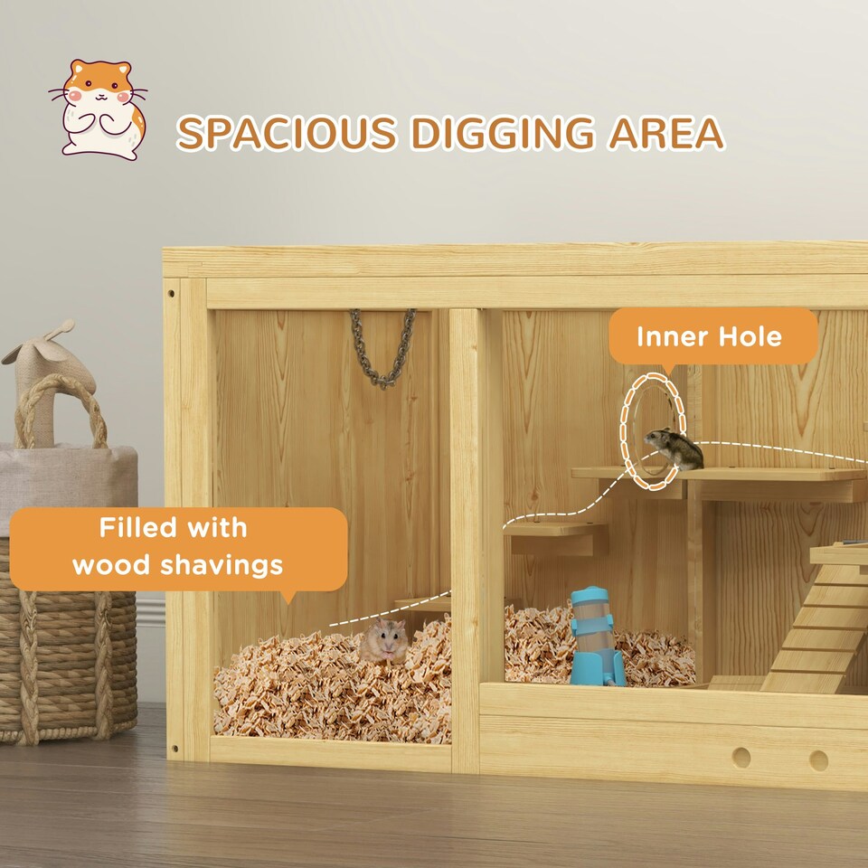 image 1 of PawHut Wooden Hamster Cage with Water Bottle, Platforms, Openable Roof