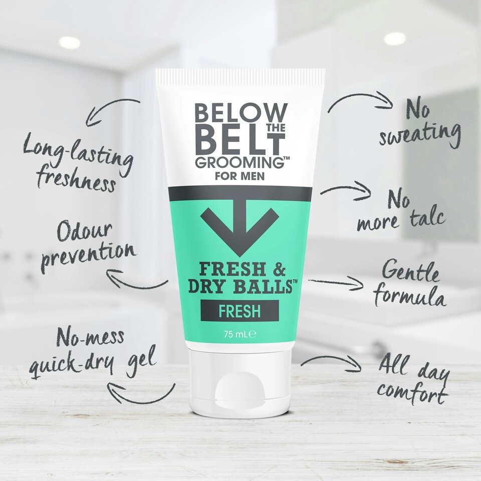 image 1 of Below The Belt Grooming Fresh & Dry Ball, Intimate Deodorant and Anti Chafing Cream For Men, Protects against Sweat, Odour and Chafing, Fresh Scent 3 x 75ml