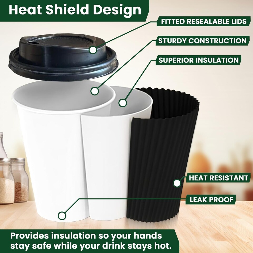 image 1 of ECONX 100pcs 12oz Black Disposable Coffee Cups With Lid Triple Layer Paper Cups