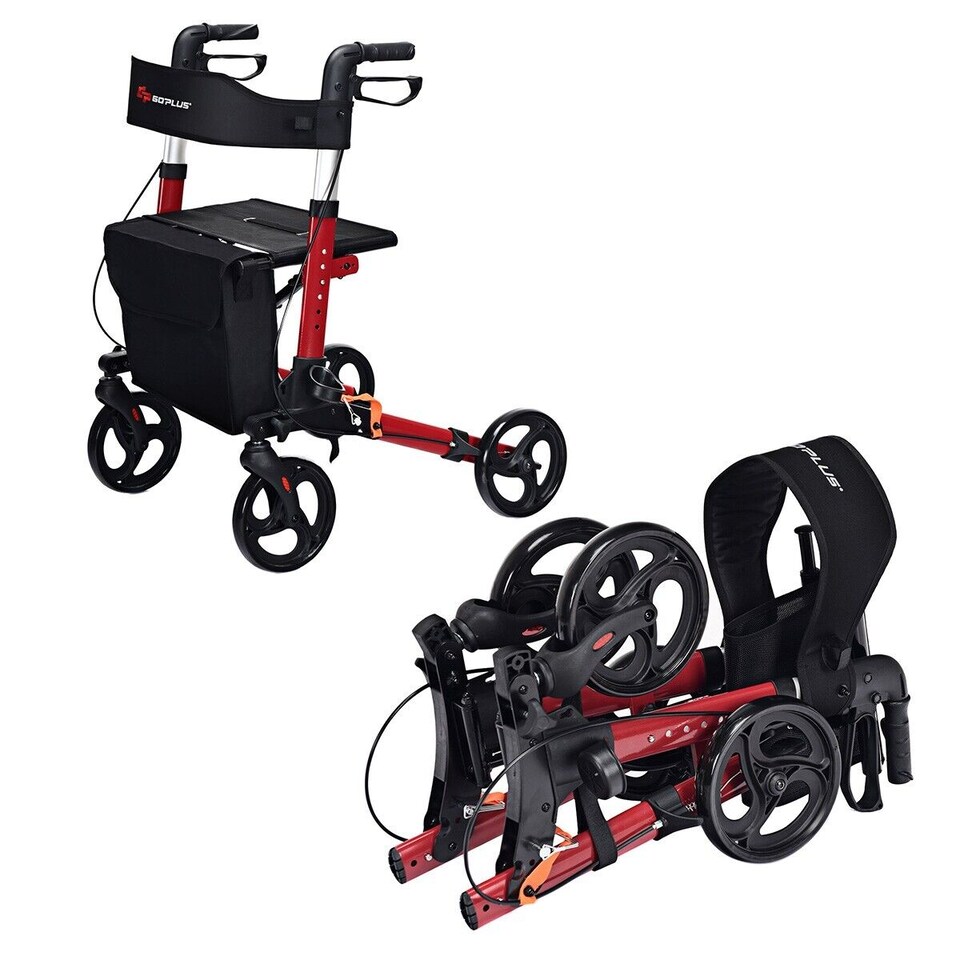 image 1 of COSTWAY Folding Rollator Walker Aluminium Mobility Aid Red | Red