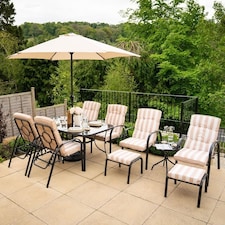 Hadleigh Reclining 6 Seater Garden Dining And Leisure Furniture Set In Beige