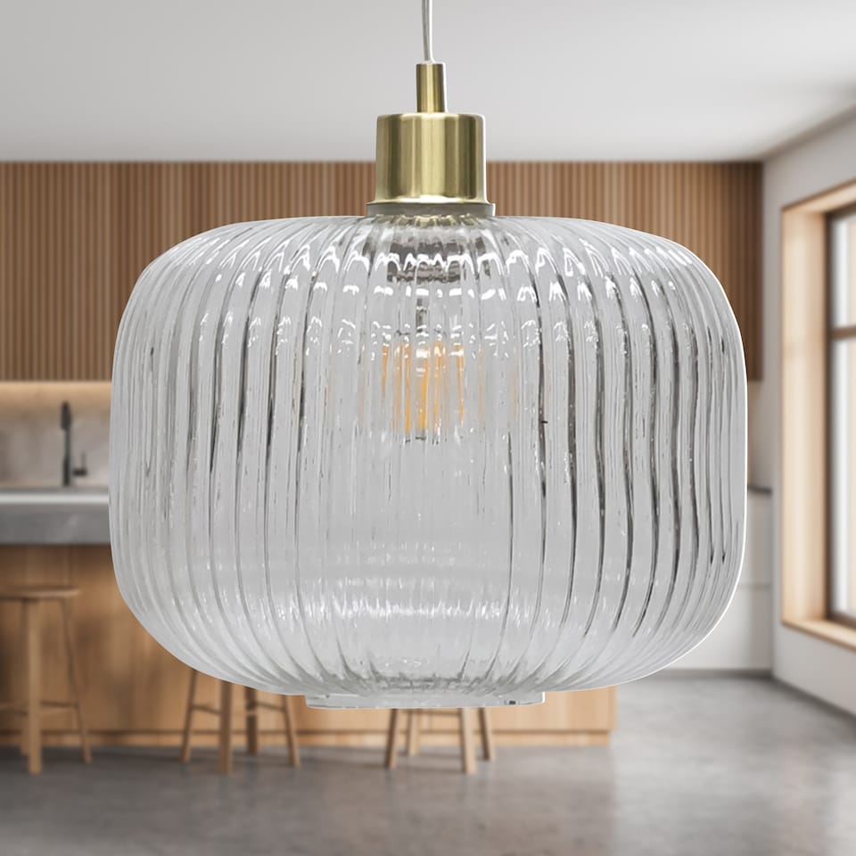 image 1 of Set of 2 Batley Large - Clear Ribbed Glass with Satin Brass Pendants | Clear | Clear ribbed glass with satin brass plate detail | Small | 2