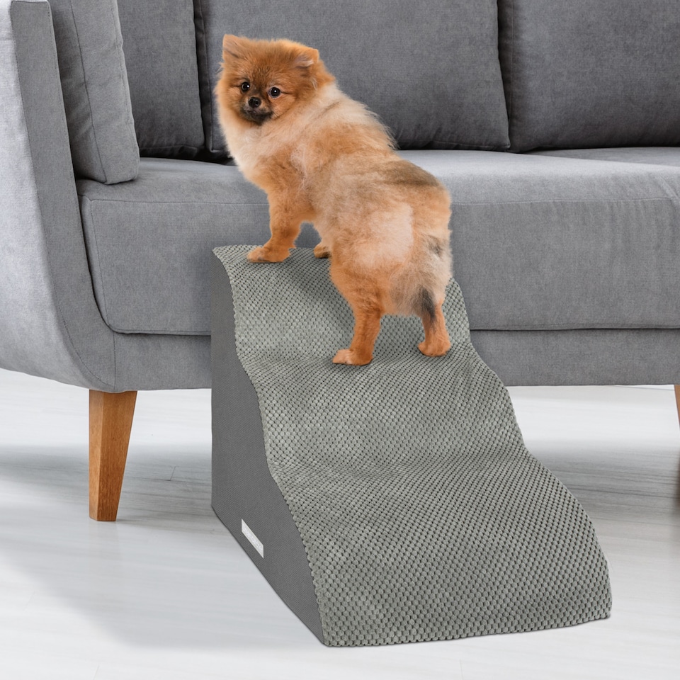 image 1 of Dreamcatcher 3 Step Dog Stairs for Bed 60x40x40cm, High Density Foam Ramp | Grey | Grey | 3 Step Dog Stairs | 1