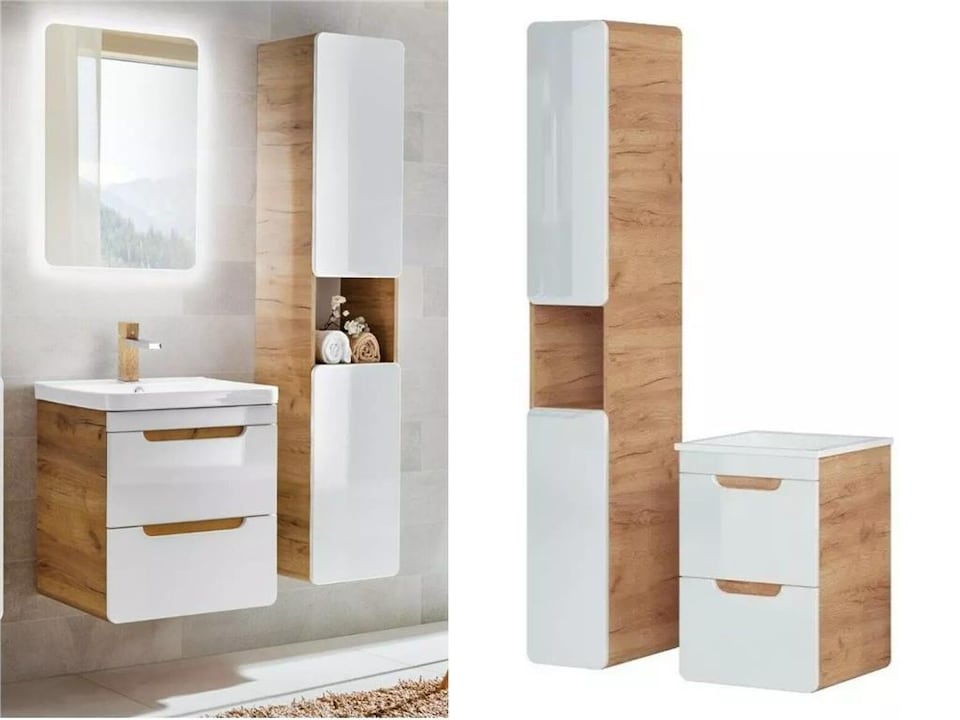 image 1 of Bathroom Furniture Set Vanity Unit 400mm Sink Tall Cabinet White Gloss Oak Aruba