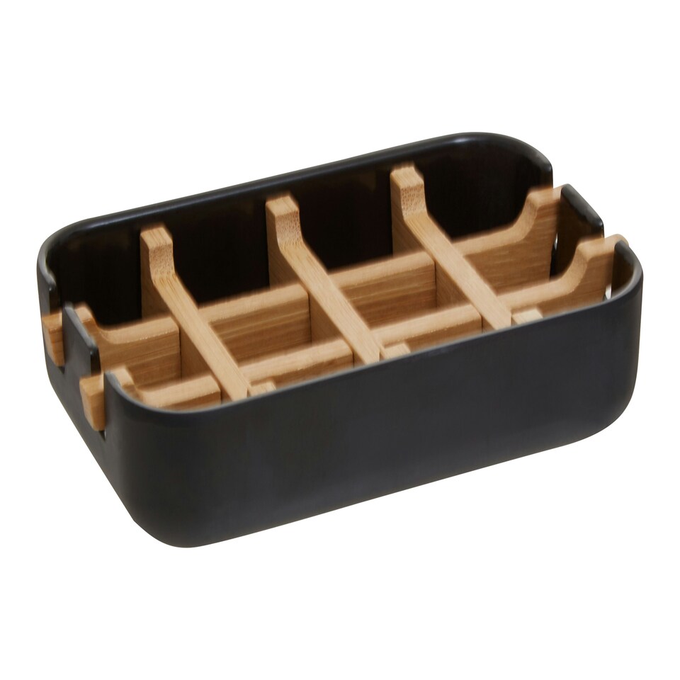 image 1 of Interiors by Premier Eco-Friendly Black Soap Dish, Removable Bamboo Insert Soap Tray, Modern Soap Case Holder, Bath Soap Holder