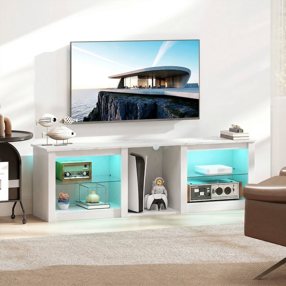image 1 of HOMCOM 160cm TV Unit w/ LED Lights for 70in TV Modern TV Stand Cabinet | White | White