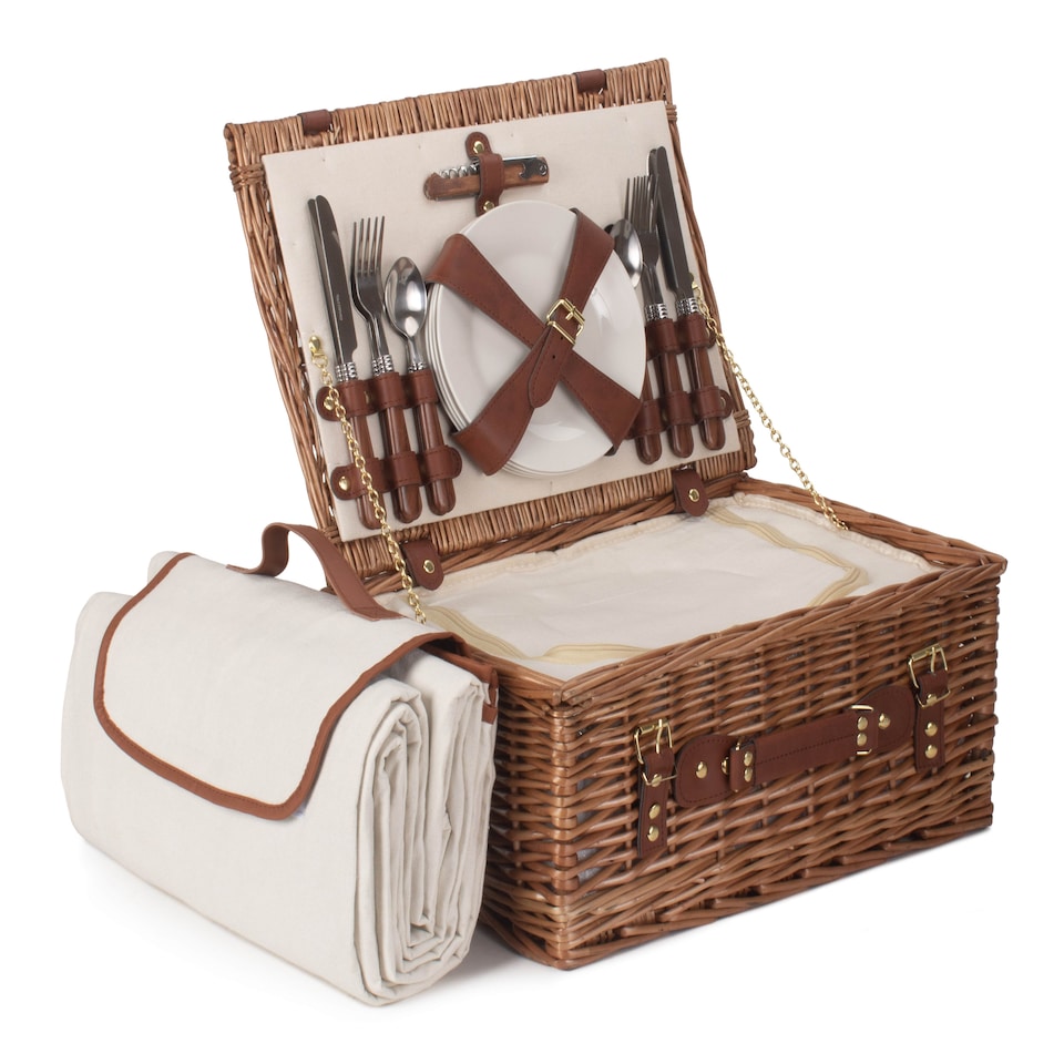 image 1 of 4 Person Classic Wicker Fitted Picnic Basket | White | White | 1