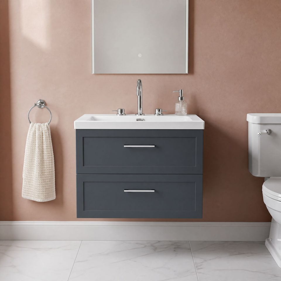 image 1 of Balterley Stonnall Traditional Wall Hung 2 Drawers Vanity Unit with 3 Tap Hole Fireclay Basin, 800mm, Dark Grey